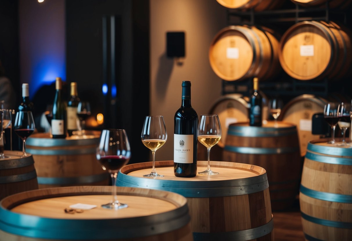 A cozy wine tasting event with dim lighting, wooden barrels, and small tables adorned with bottles and glasses. A romantic ambiance with soft music and a mix of red and white wines on display