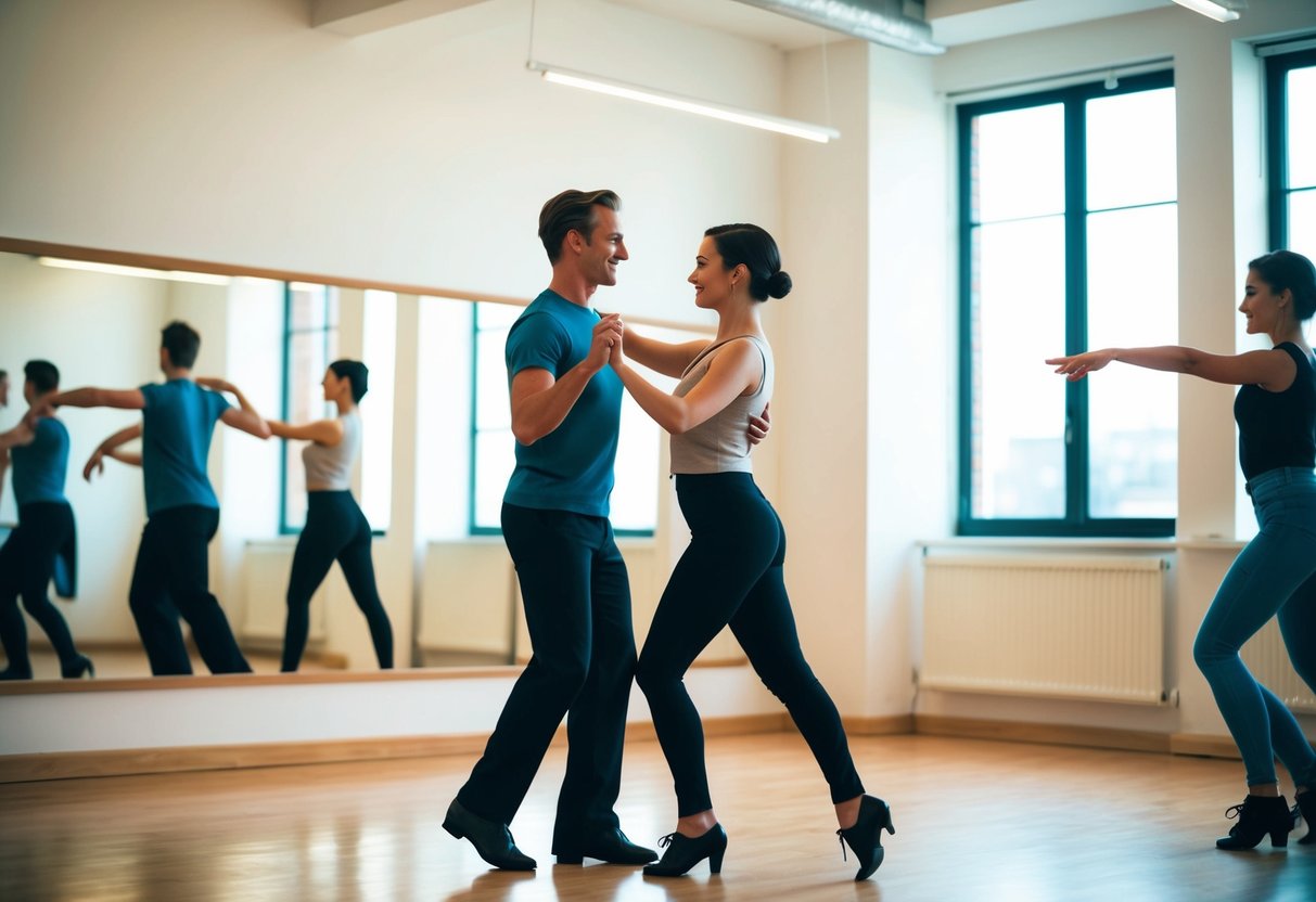 A couple dancing in a brightly lit studio with a mirrored wall and a dance instructor leading the class