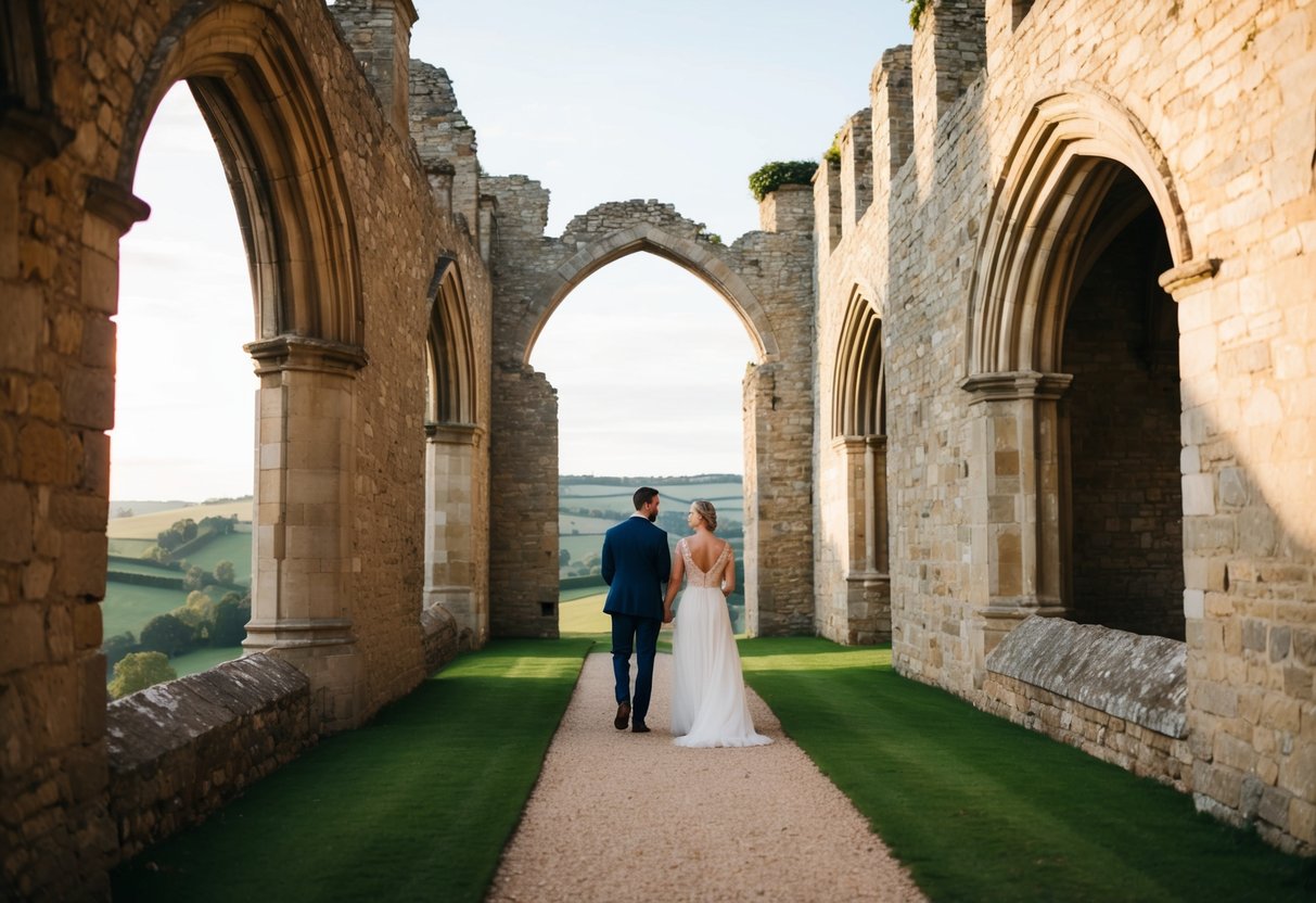 A couple explores a castle's ruins, surrounded by ancient stone walls and towering archways, with a view of rolling hills in the distance