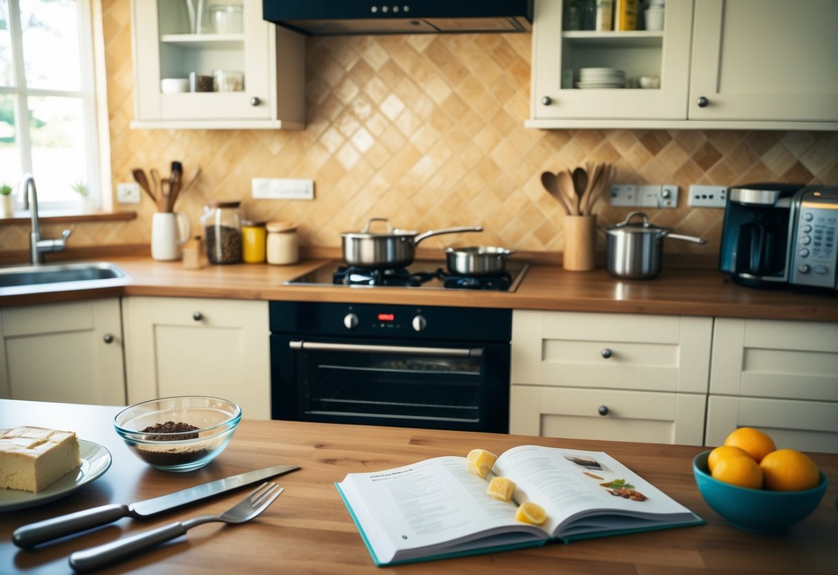 A cozy kitchen with ingredients, utensils, and a recipe book open on the counter. A warm oven is ready to bake a delicious dessert from scratch