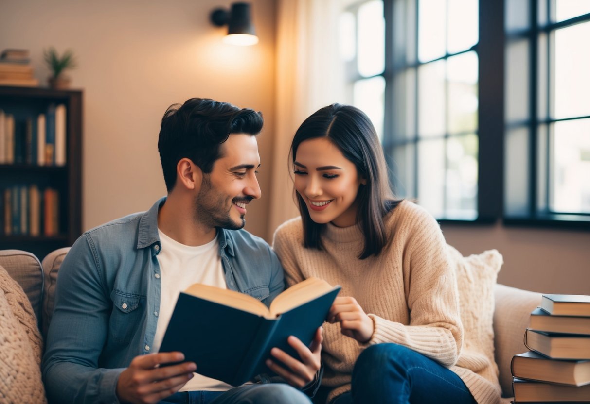Two people seated on a cozy couch, taking turns reading a book out loud to each other. A warm, inviting atmosphere with soft lighting and a stack of books nearby