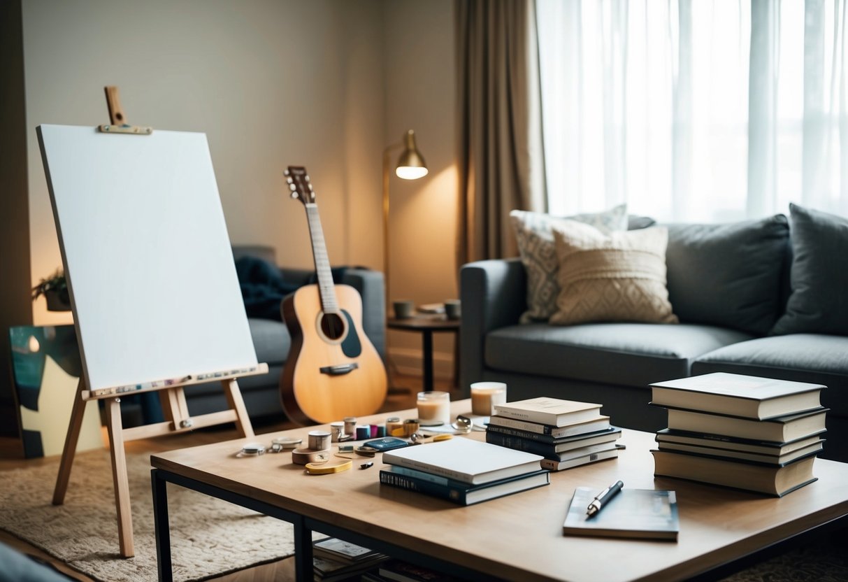 A cozy living room with soft lighting, scattered art supplies, and a blank canvas on an easel. A guitar rests in the corner, and a stack of books sits on the coffee table