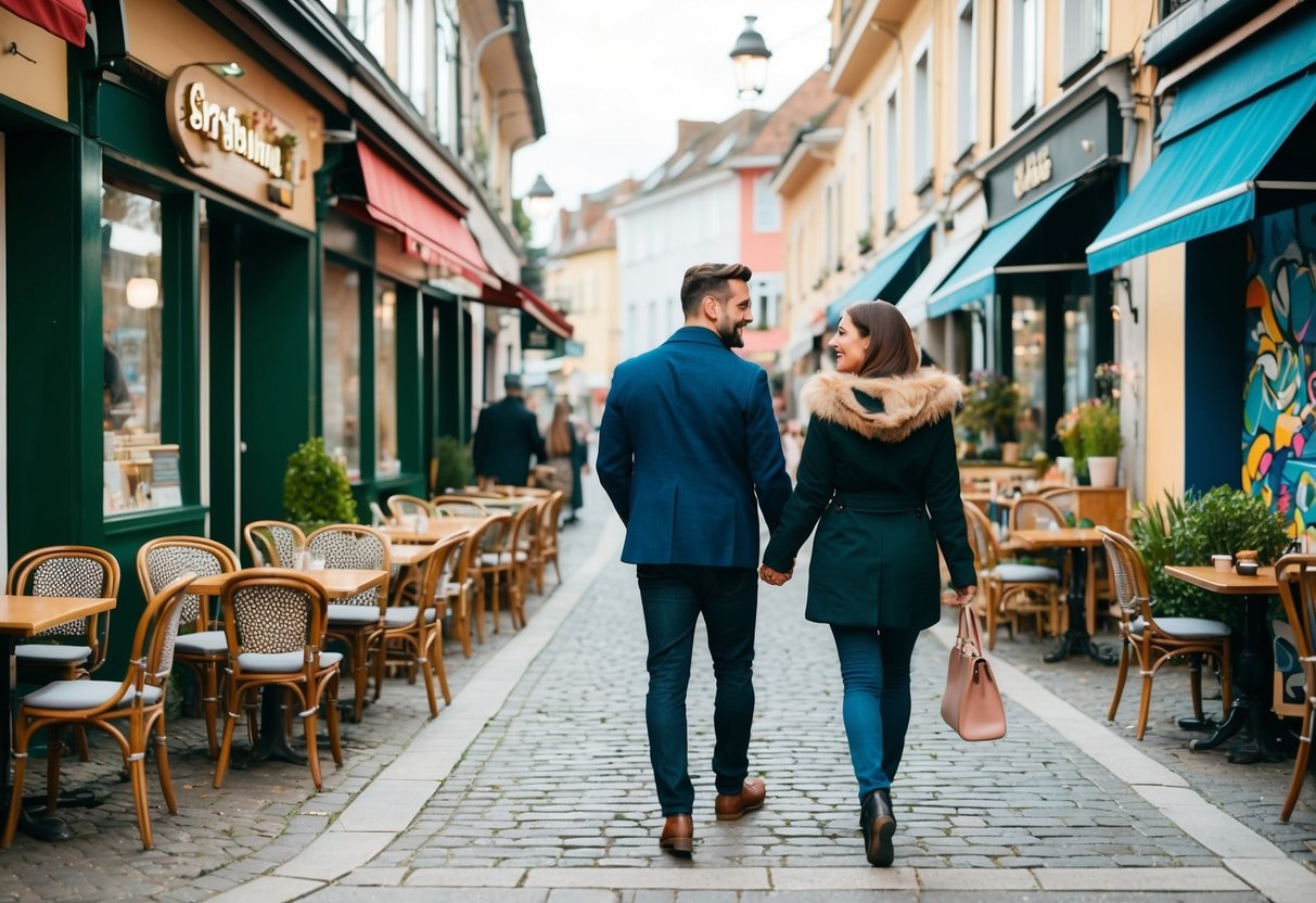 A couple strolling past charming cafes, browsing local shops, and admiring street art in a vibrant, bustling neighborhood