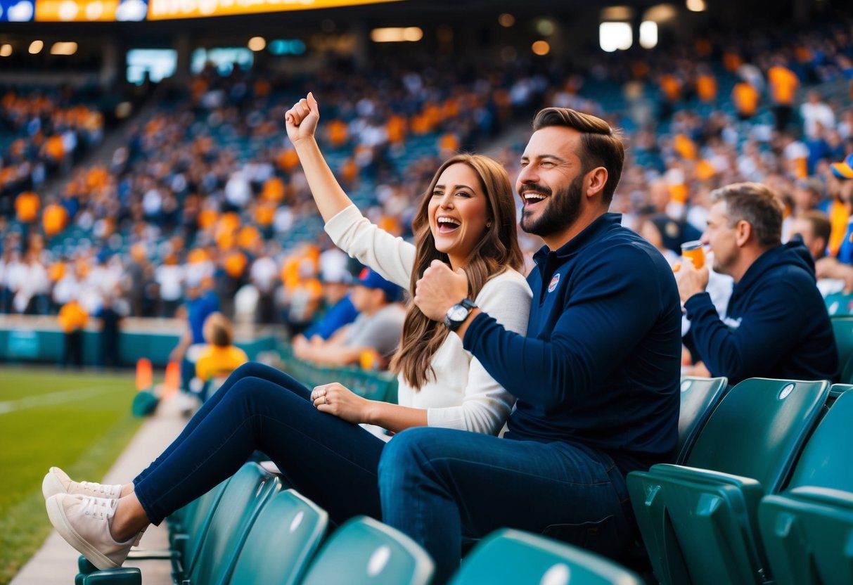 A couple sitting in the stands at a sports game, cheering and laughing together. The stadium is filled with fans and the field is bustling with action