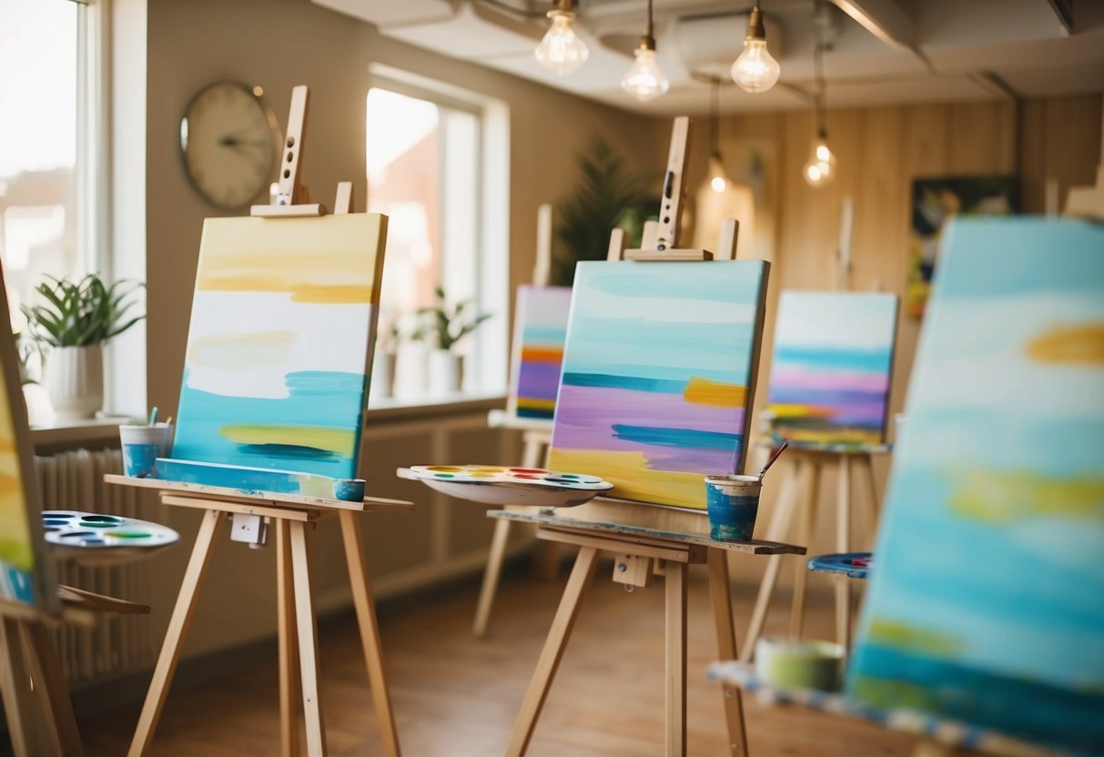 A cozy studio with easels, paint palettes, and canvases set up for a painting class. Warm lighting and a relaxed atmosphere create a perfect first date setting