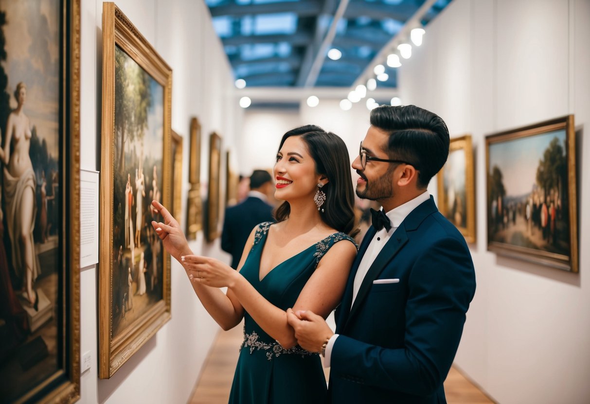 A couple enjoying an elegant evening at an art exhibit, examining exquisite paintings and sculptures