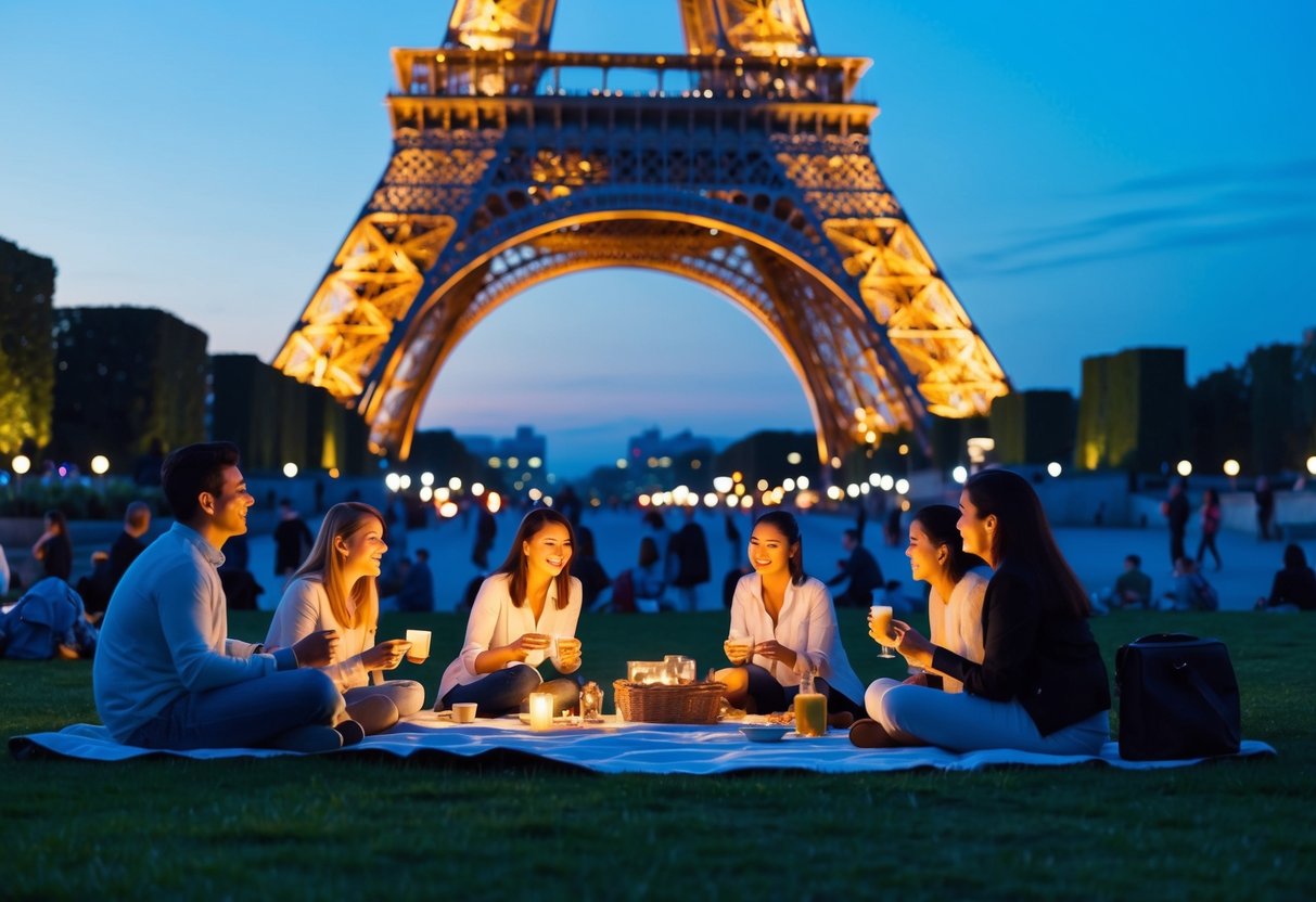 Visitors enjoying an evening picnic near the Eiffel Tower, with an enchanting view of the iconic landmark illuminated against the night sky