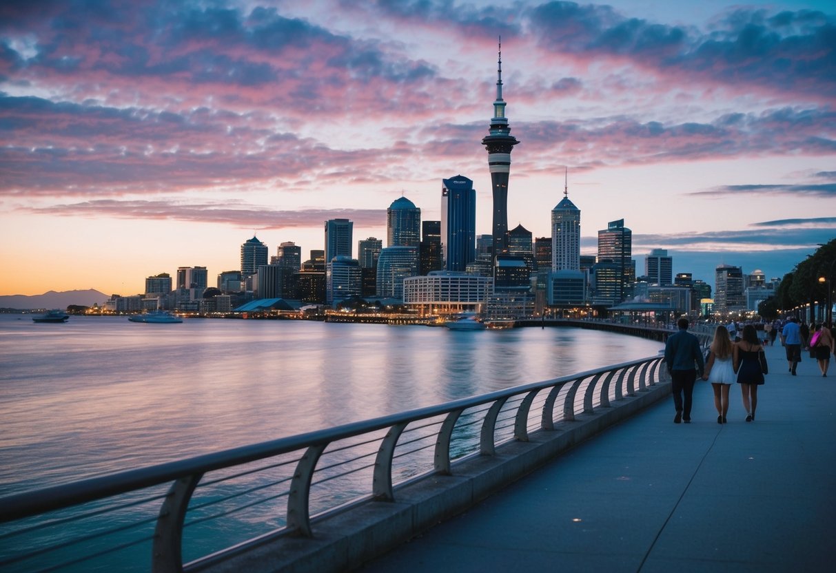 Auckland skyline at sunset with a waterfront view, city lights reflecting on the water, and couples strolling along the promenade