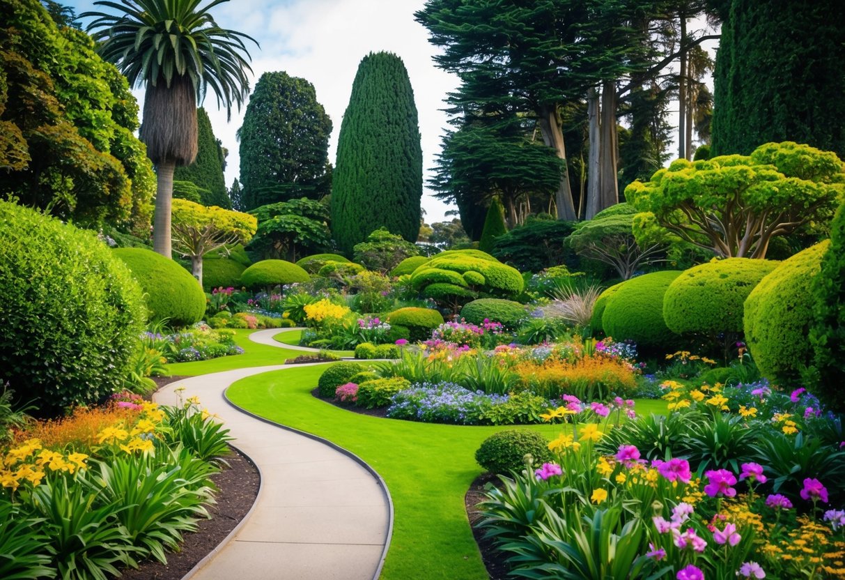 Lush greenery surrounds winding paths in Auckland Botanic Gardens, with colorful flowers and towering trees creating a peaceful and romantic atmosphere