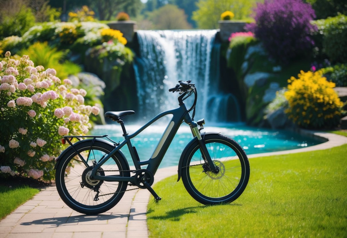 An electric bike parked by a blooming garden with a winding path leading to an enchanting waterfall