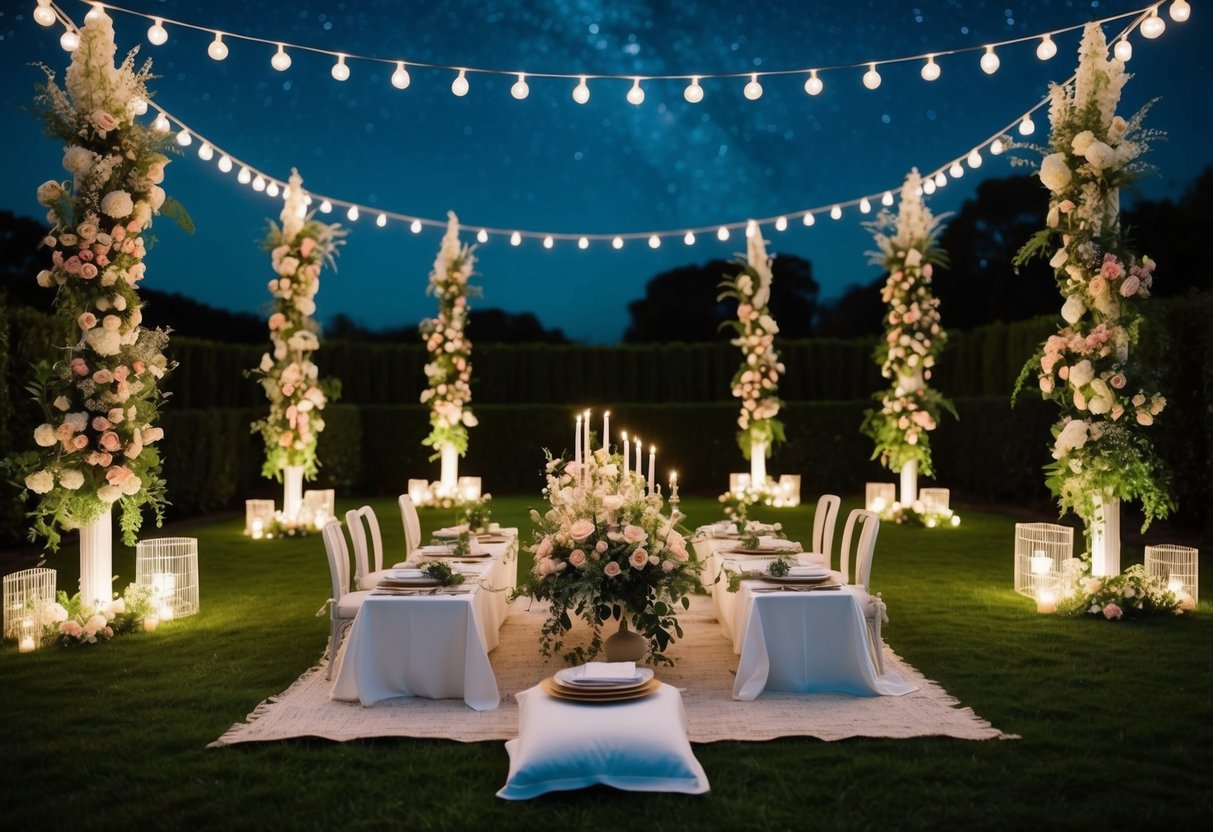 An enchanting garden picnic with elegant tableware, elaborate floral arrangements, and ethereal lighting under a starry sky