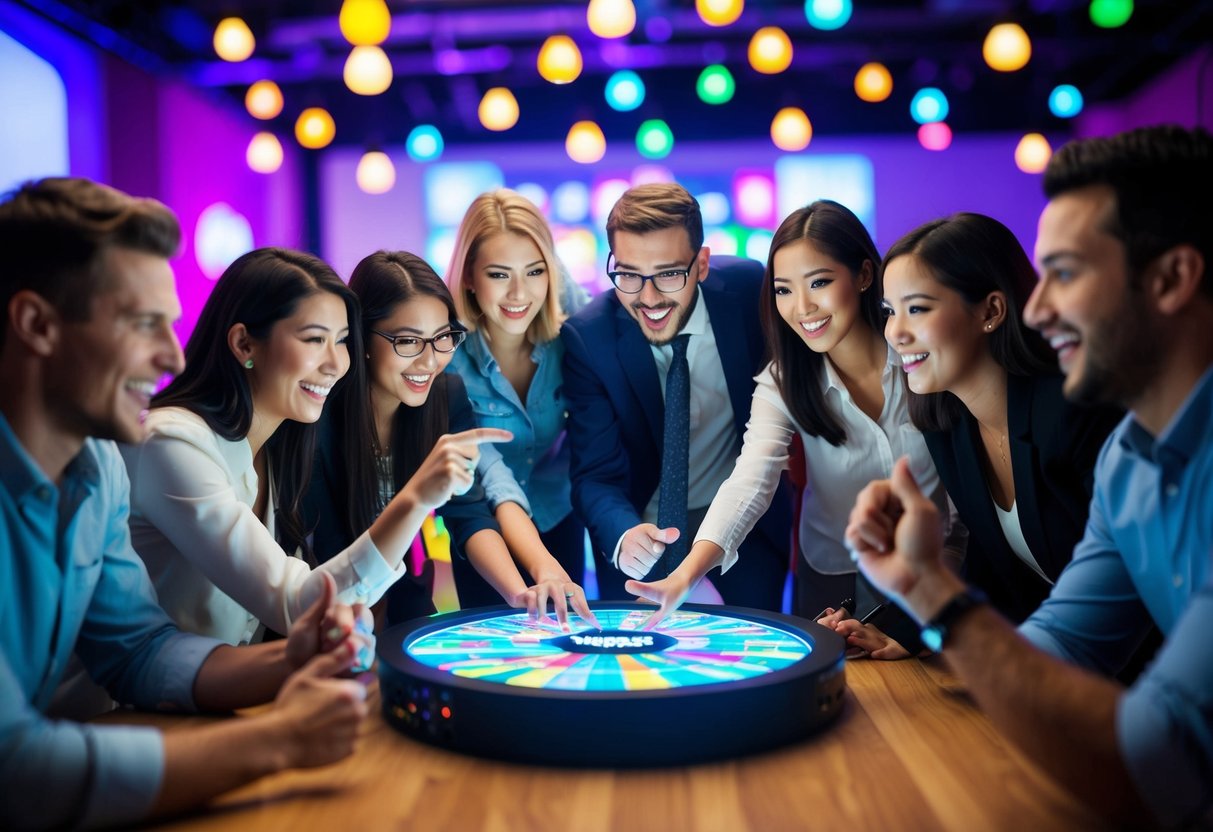 A group of excited participants gather around a buzzing trivia board, with colorful lights and a lively atmosphere