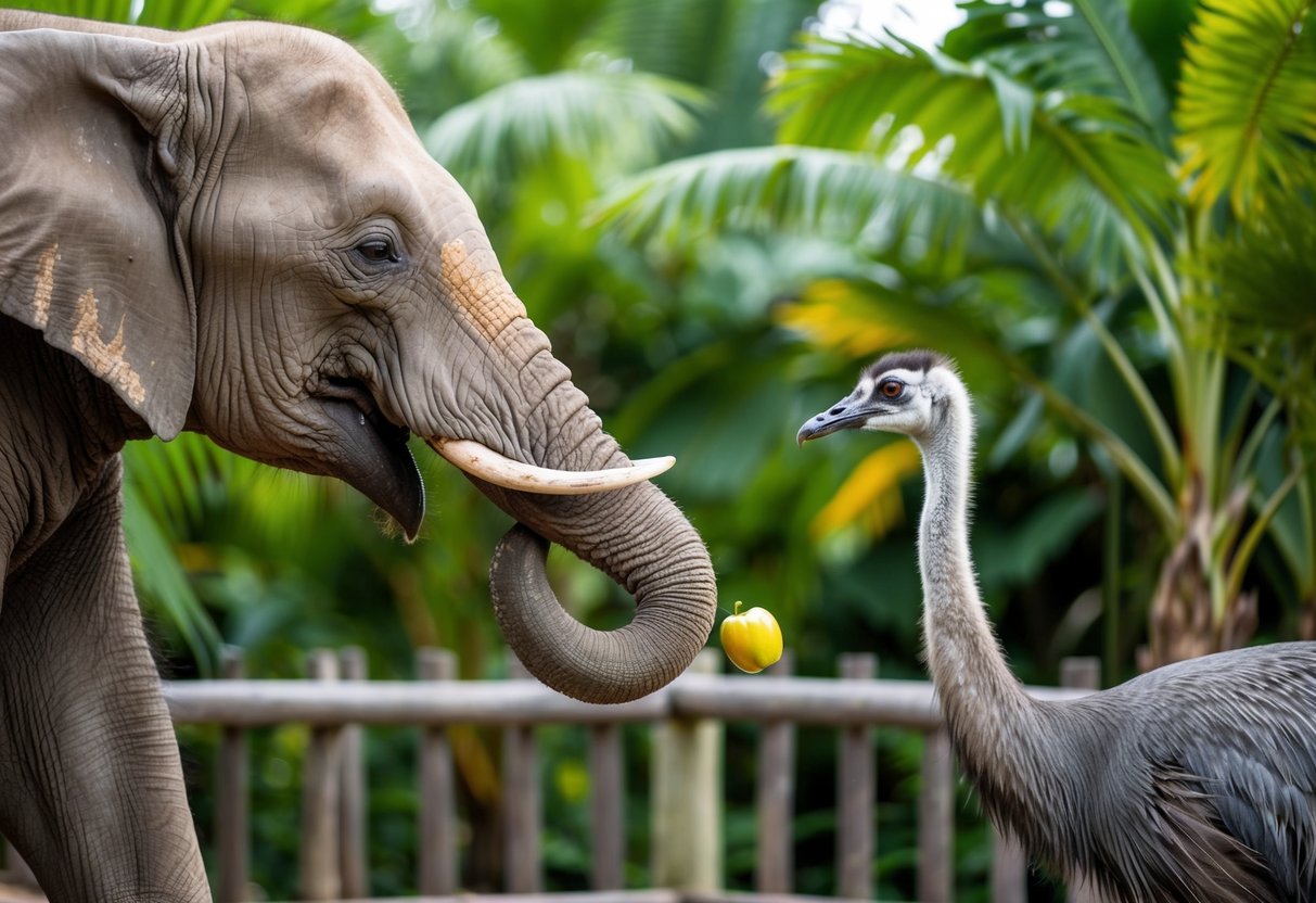 An elephant and an emu interact in a lush, tropical enclosure. The elephant reaches for a piece of fruit while the emu watches curiously