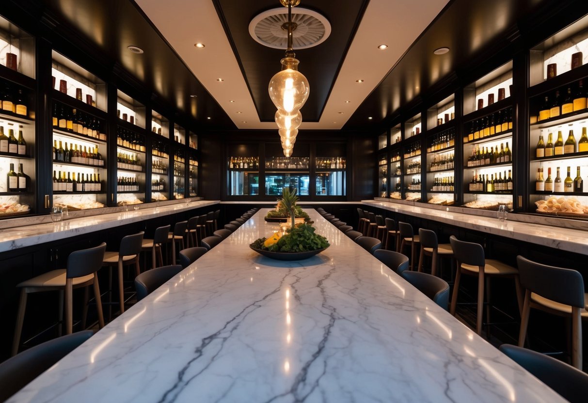 A cozy oyster bar with dim lighting, a long marble bar, and high-top tables surrounded by shelves of wine bottles and fresh seafood displays