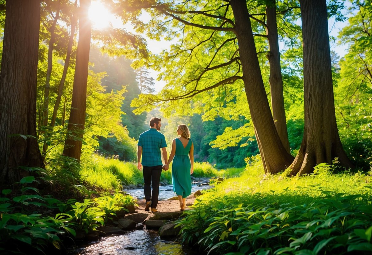 A couple strolls through a lush, sun-dappled forest, surrounded by towering trees, vibrant foliage, and a babbling brook. Sunshine filters through the leaves, casting a warm glow over the peaceful scene