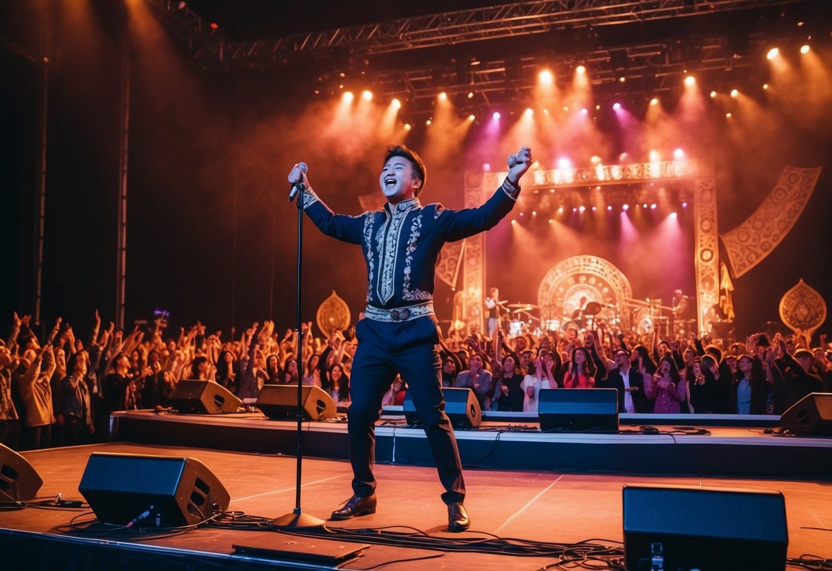 An energetic ethnic music concert with enthusiastic audience and elaborate stage setup