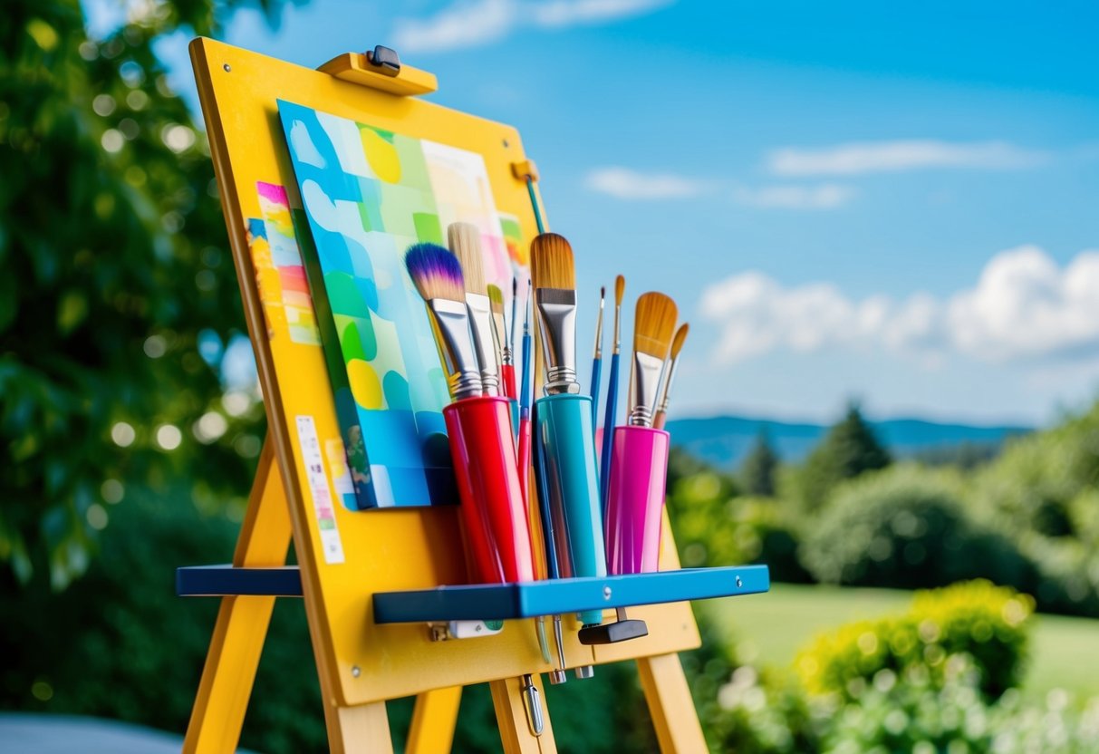 A vibrant easel with colorful paint tubes and brushes, set against a scenic outdoor backdrop of lush greenery and a clear blue sky