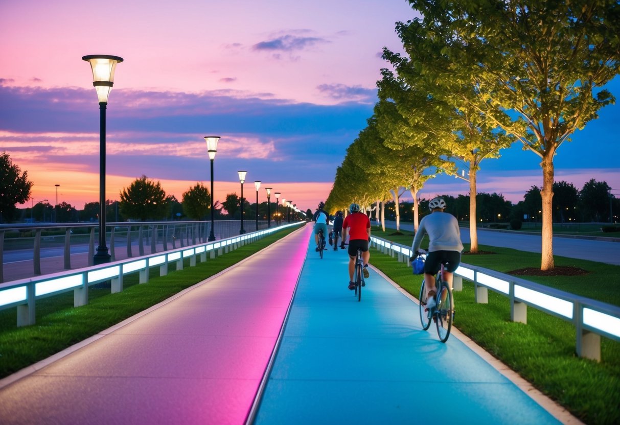 A colorful sunset over the Lightpath, with cyclists and pedestrians enjoying the illuminated pink and blue pathway