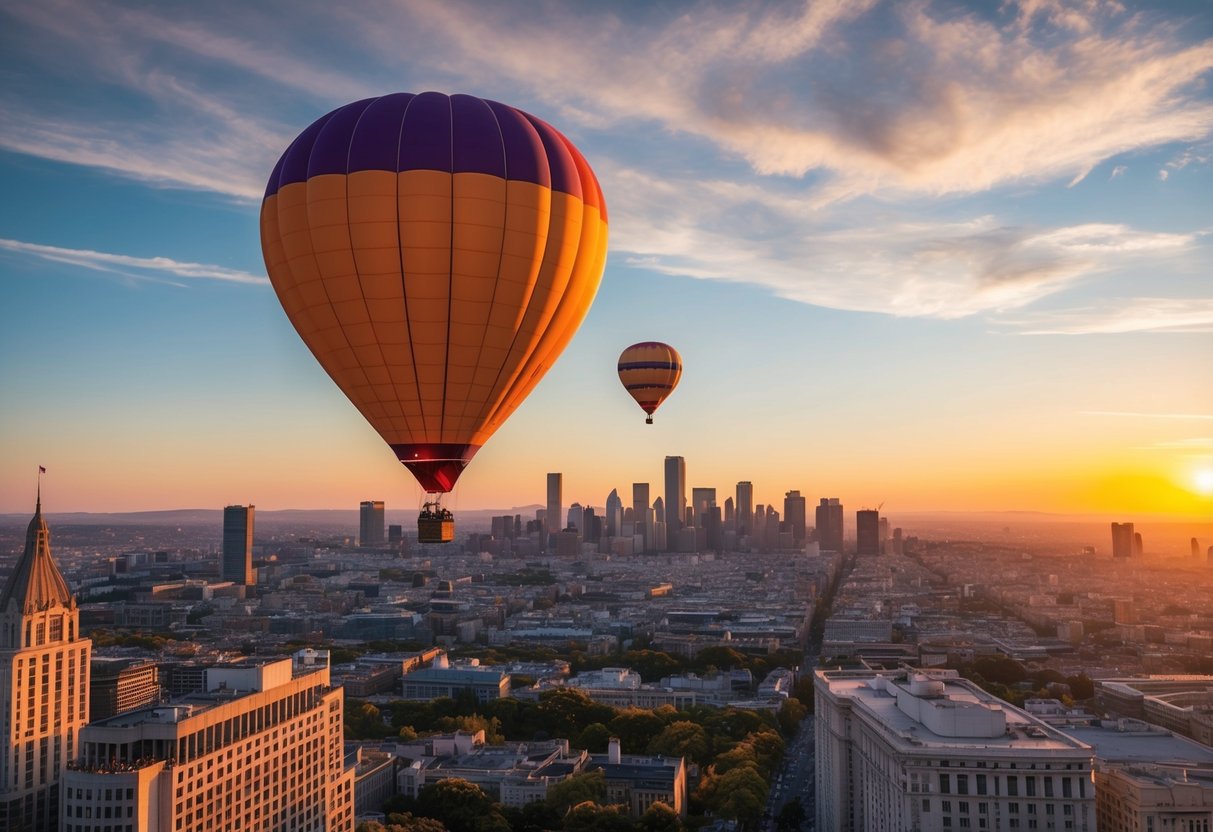 A colorful hot air balloon floats above the city skyline, with buildings and landmarks spread out below. The sun is setting, casting a warm glow over the scene