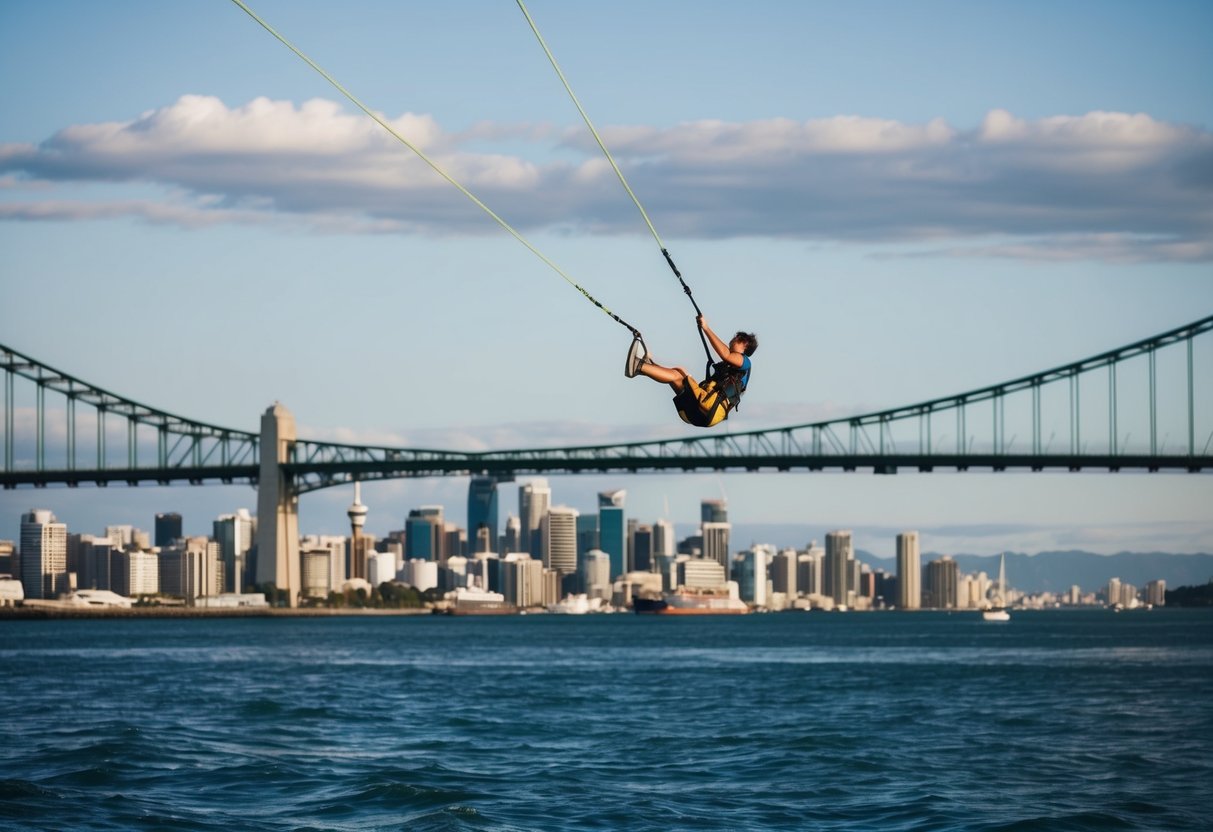 A person bungee jumps from Auckland's Harbour Bridge, with the city skyline in the background