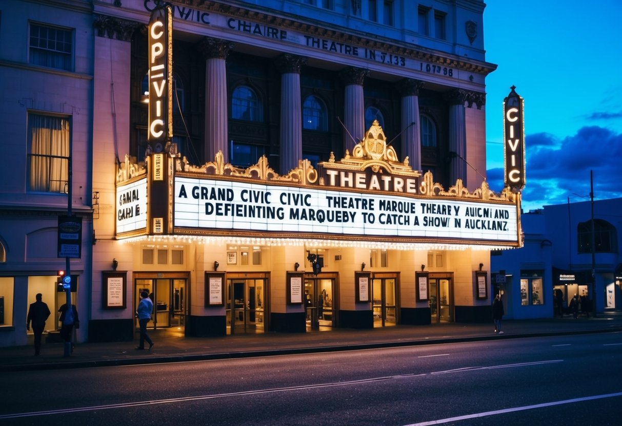 A grand Civic Theatre marquee glows in the evening, inviting passersby to catch a show in Auckland