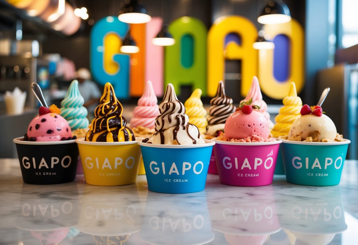 A colorful array of unique ice cream creations at Giapo, with vibrant toppings and artistic presentation