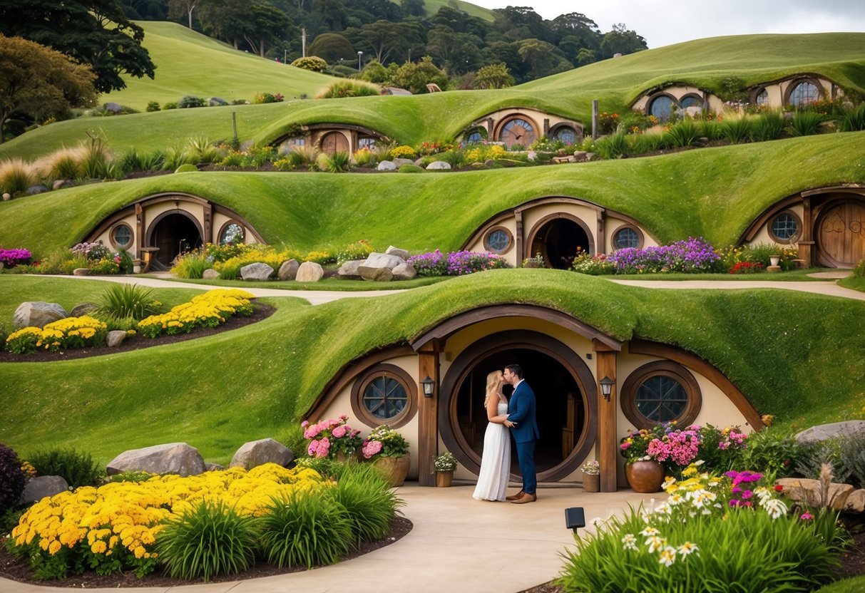 Rolling hills, colorful flowers, and quaint hobbit holes dot the landscape of Hobbiton Movie Set, creating a picturesque setting for a romantic date in Auckland