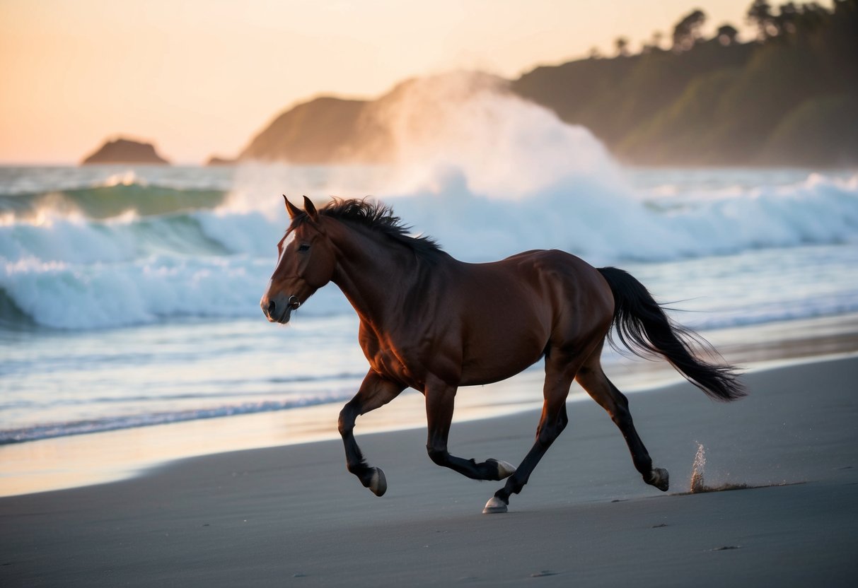 A horse galloping along the shoreline at Muriwai Beach, with waves crashing in the background and the setting sun casting a warm glow over the scene