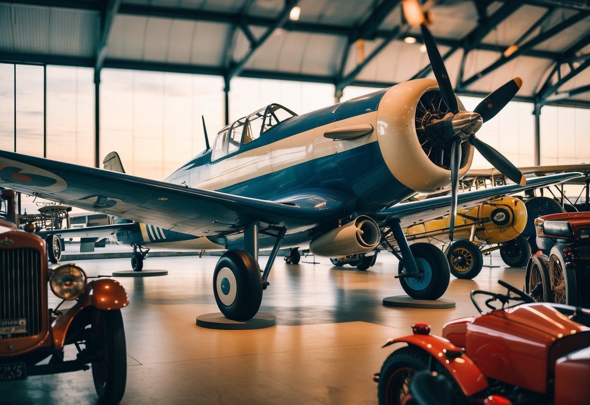 A vintage airplane on display at MOTAT museum, surrounded by other historic vehicles and machinery