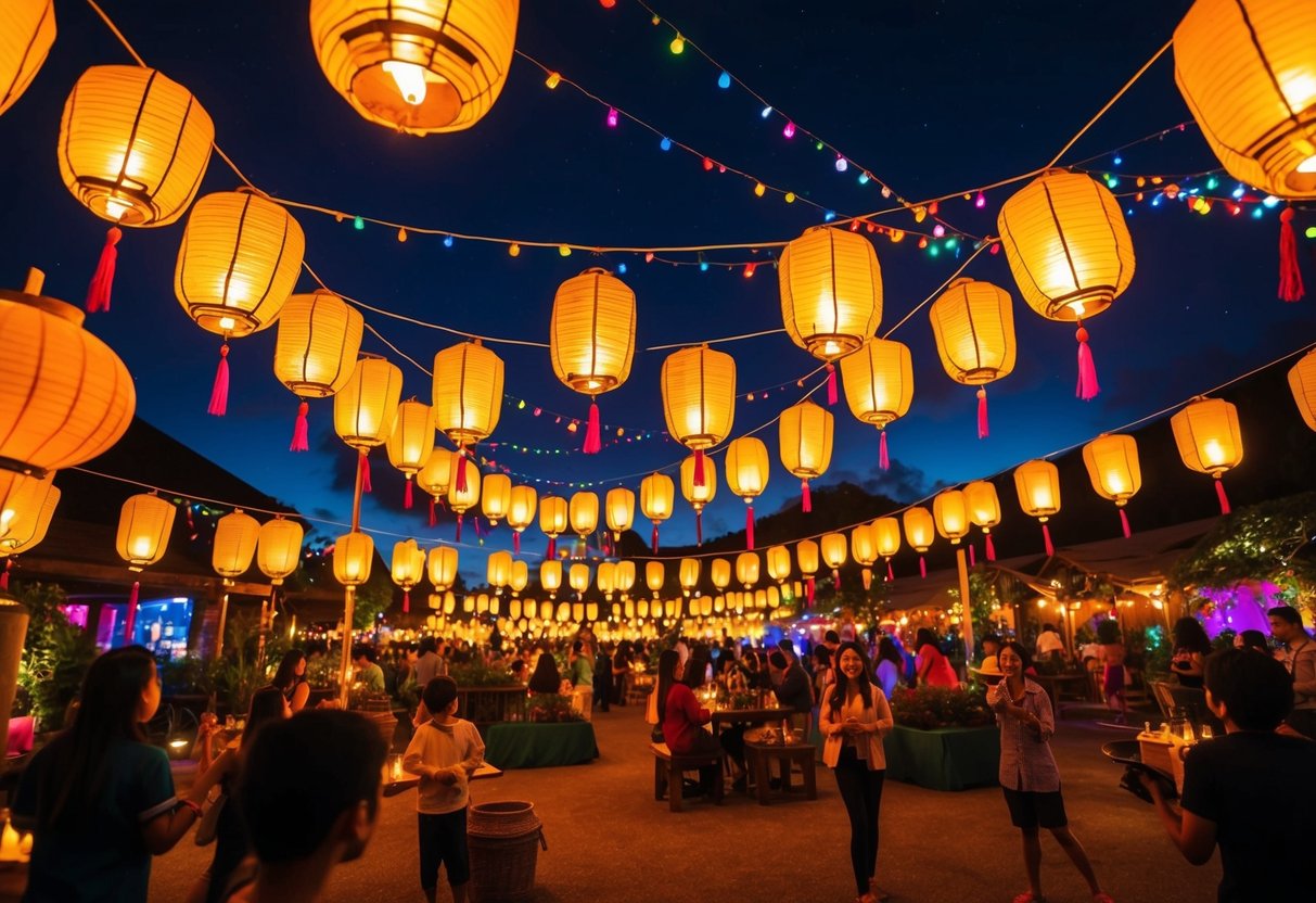 Vibrant lanterns illuminate the night sky, casting a warm glow over the Domain. The air is filled with the sounds of laughter and music, creating a magical atmosphere