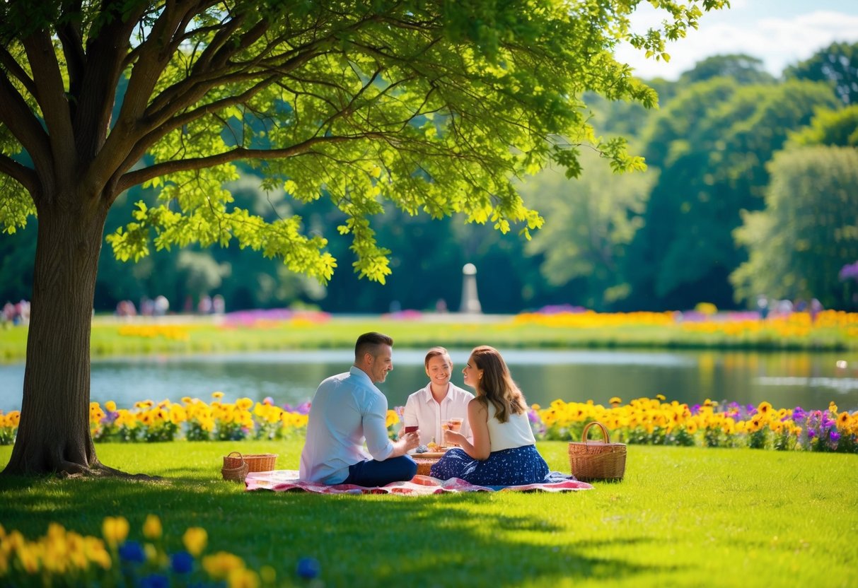 A couple picnicking under a shady tree in Potters Park, surrounded by colorful flowers and a serene pond