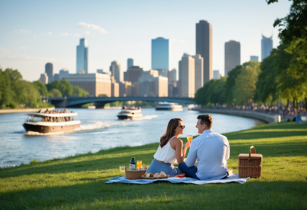 A couple picnicking in a serene park by the river, with boats passing by and a view of the city skyline in the distance
