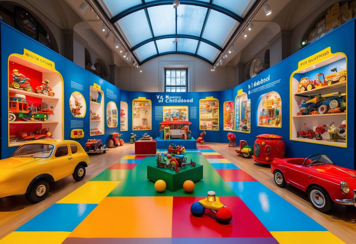 A colorful display of vintage toys and interactive exhibits at the V&A Museum of Childhood, capturing the nostalgia and joy of childhood