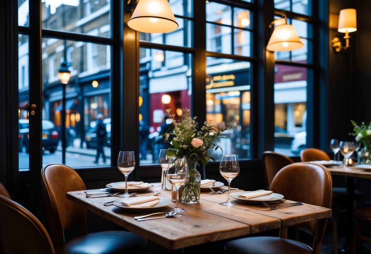 A cozy bistro with dim lighting, a rustic wooden table set with elegant dinnerware, and a window view of the bustling East London streets