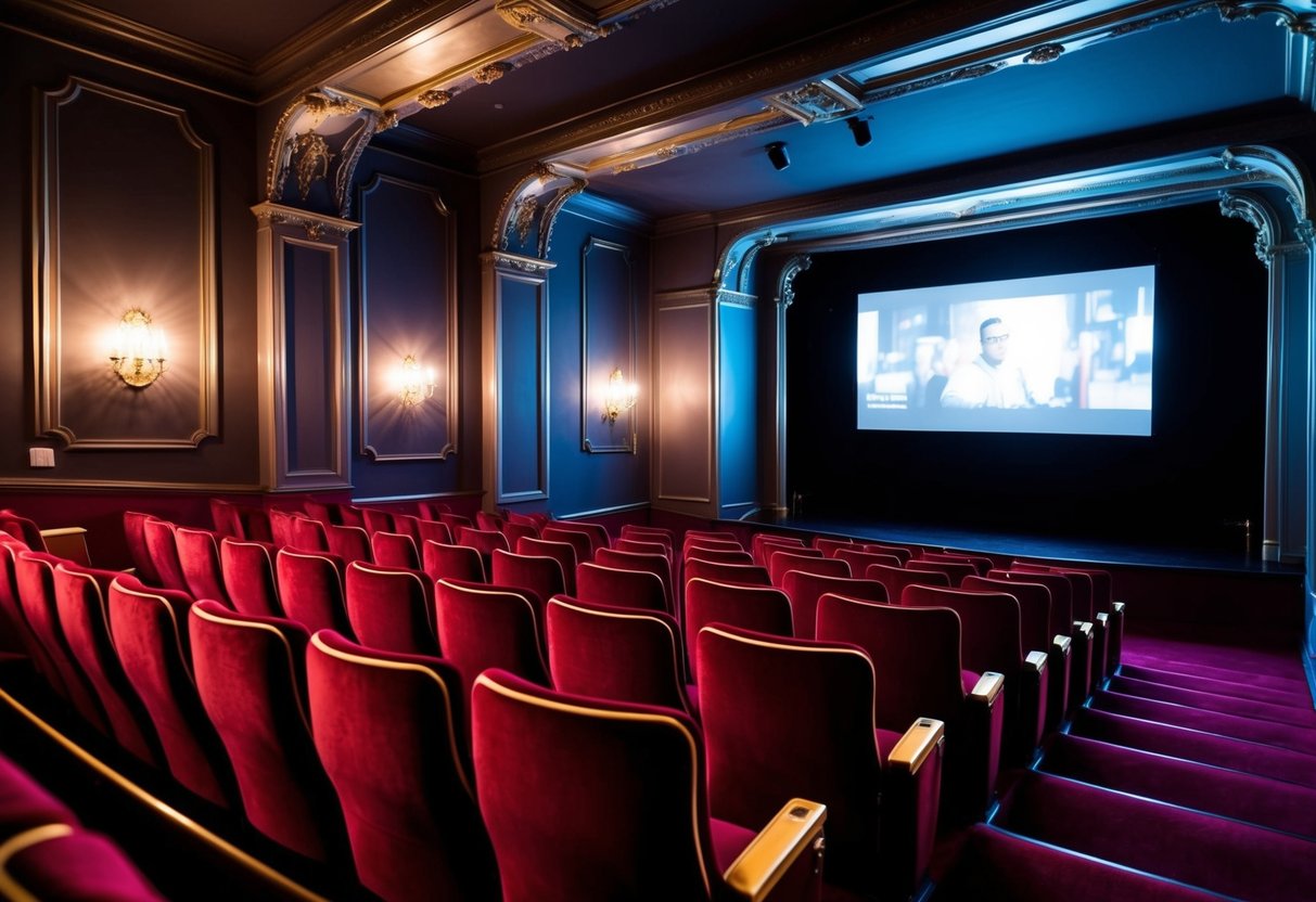 A dimly lit cinema with plush red velvet seats and a large screen showing a film. A vintage aesthetic with ornate details and soft lighting