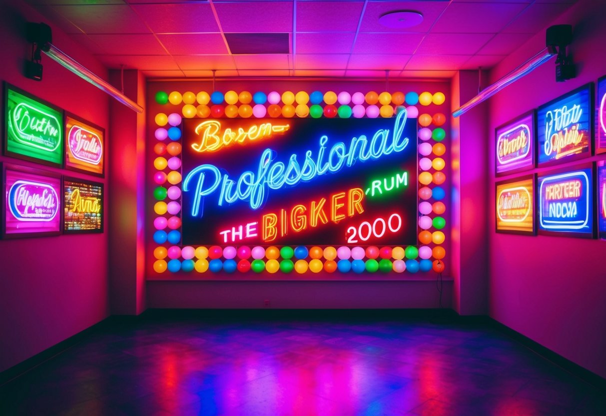 A vibrant neon-lit room with colorful signs and bright lights, creating a lively and energetic atmosphere