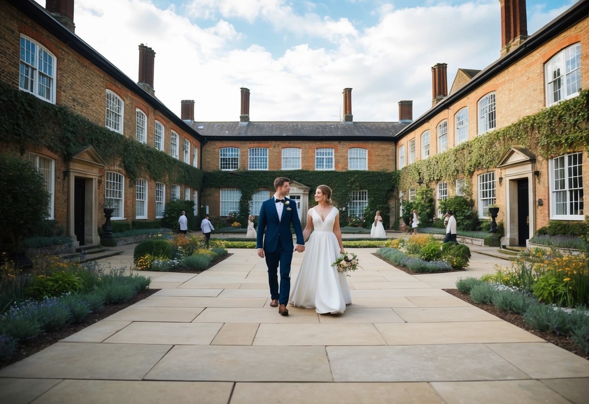 The Geffrye Museum courtyard, with couples strolling among the period gardens and historic almshouses