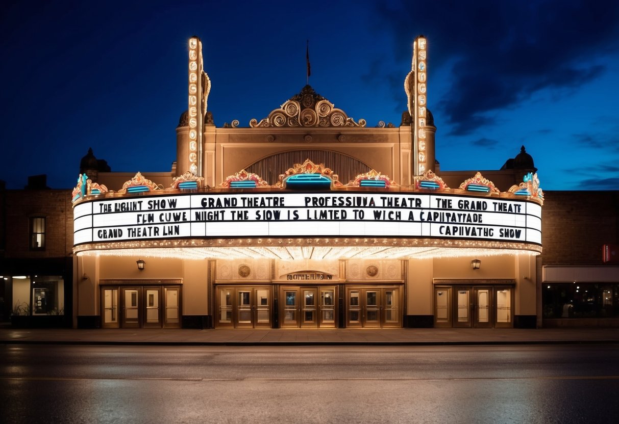 The grand theater glows under the night sky, its marquee lit up with the promise of a captivating show