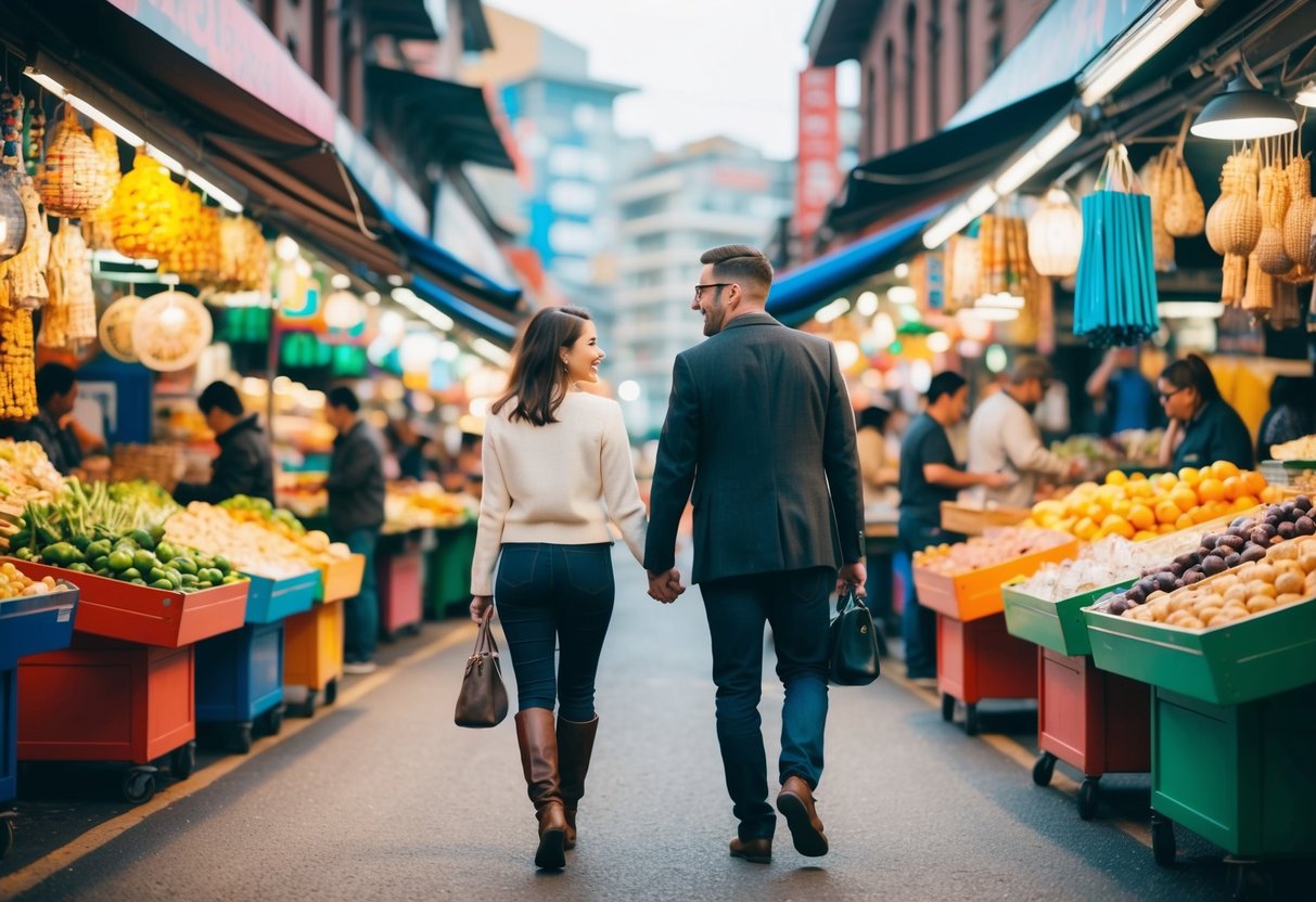 A couple walking through a vibrant street market, surrounded by colorful stalls and diverse cultural influences