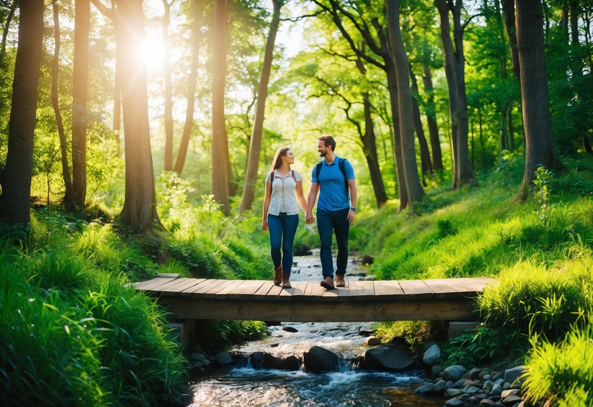 A couple hiking through a lush forest, crossing a wooden bridge over a bubbling stream, with the sun shining through the trees