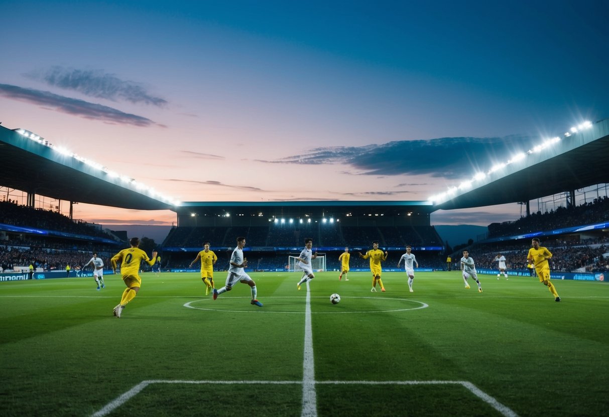 A soccer field at dusk, with stadium lights illuminating the players in action, and fans cheering from the stands