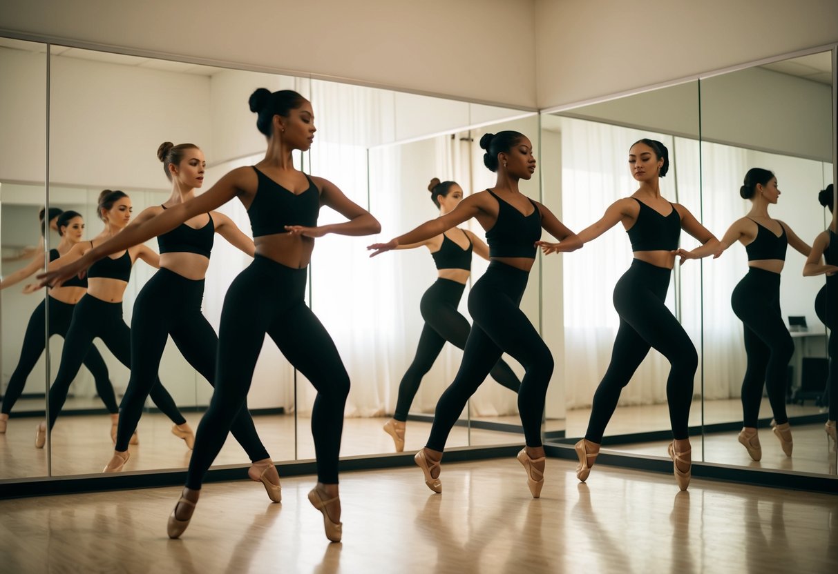 A group of dancers in a studio, moving gracefully to the rhythm of the music, with mirrors reflecting their elegant and synchronized movements