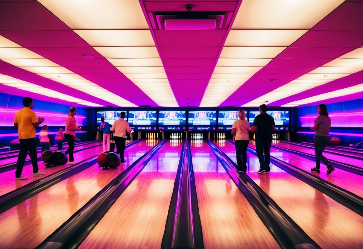 A bowling alley with glowing neon lights, colorful lanes, and groups of people enjoying the game, creating a lively and energetic atmosphere