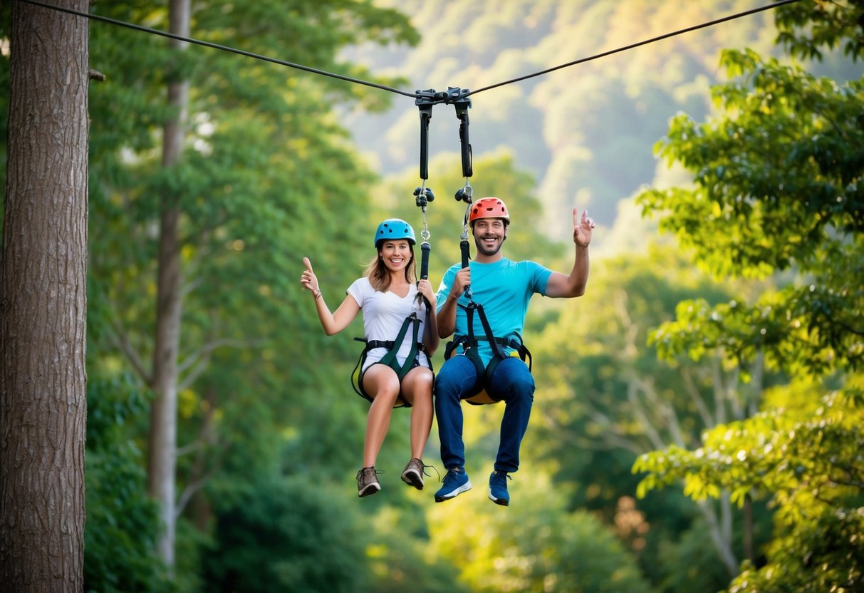 A couple ziplining through a lush forest canopy, surrounded by tall trees and vibrant wildlife