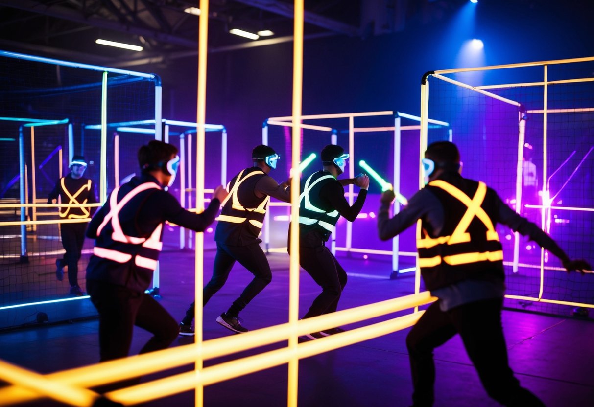 Players in neon vests dodge behind glowing obstacles, lasers flashing in a darkened arena