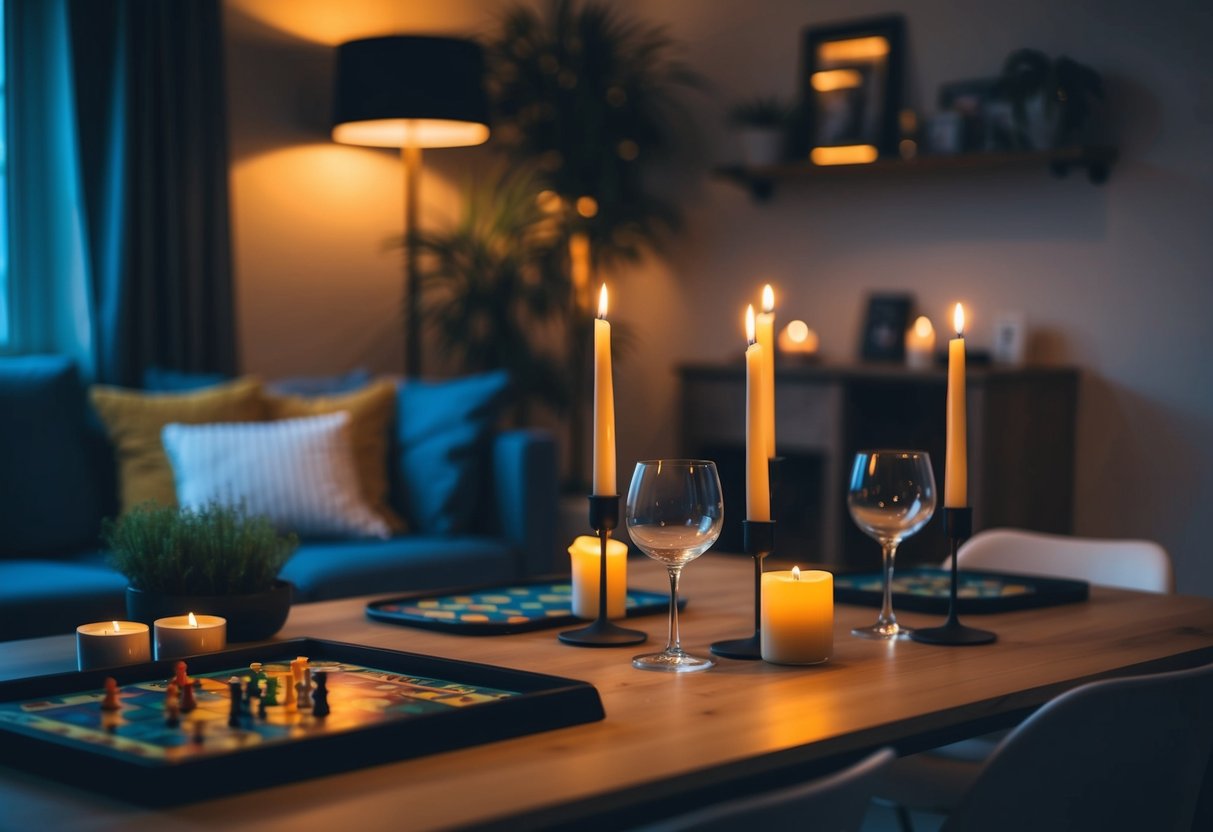 A cozy living room with dim lighting, a table set for two, candles, and a board game ready to be played