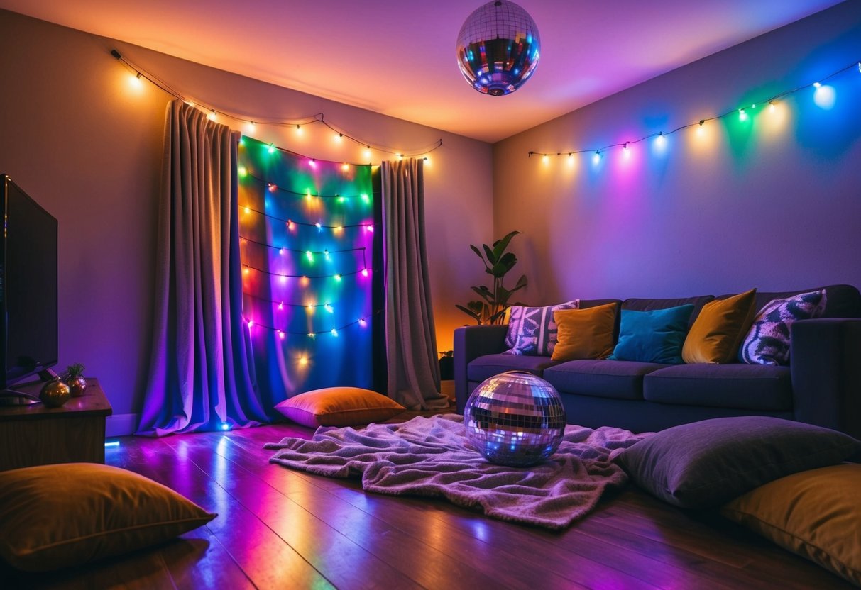 A cozy living room with colorful lights, a disco ball, and a makeshift dance floor made of blankets and pillows