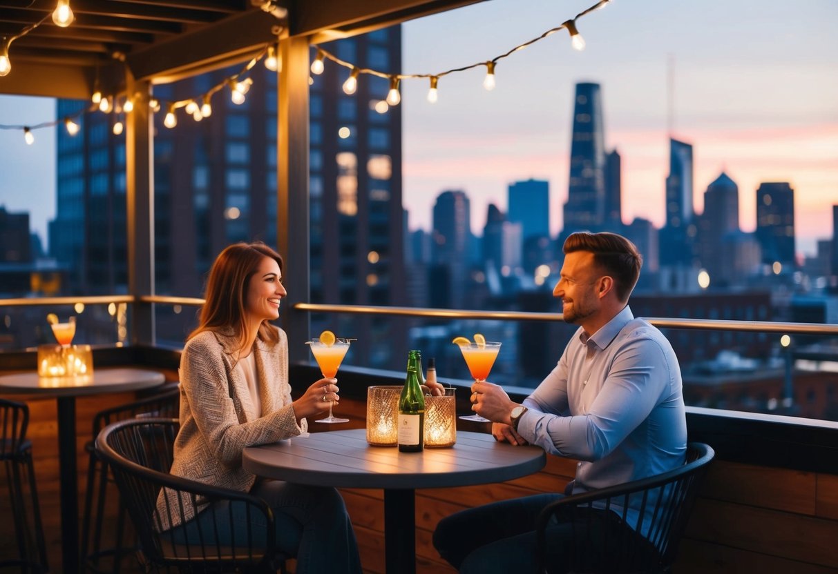 A cozy rooftop bar with twinkling string lights and a view of the city skyline, a couple sitting at a table enjoying cocktails and conversation