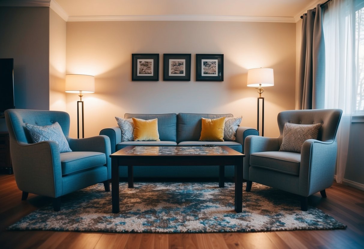 A cozy living room with a coffee table set up for a puzzle, surrounded by two comfortable chairs and soft lighting