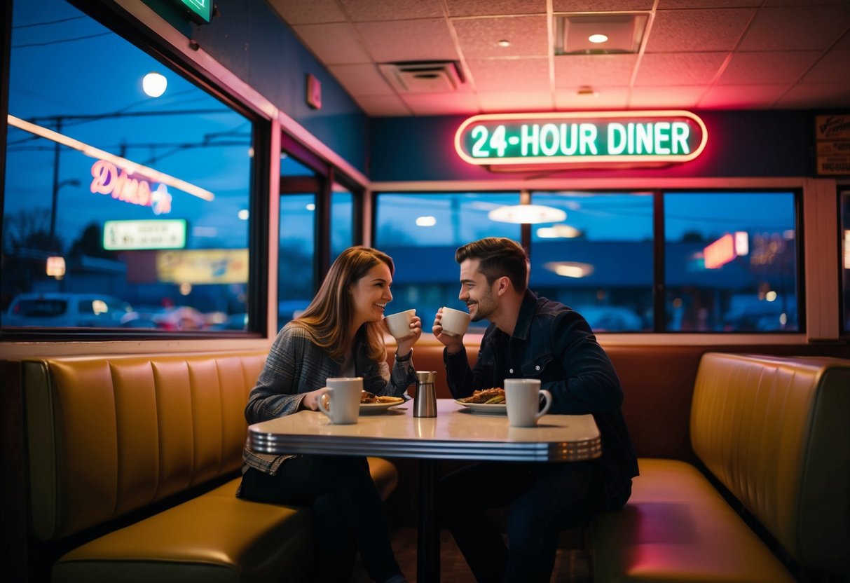 A cozy 24-hour diner with dim lighting, booths, and a glowing neon sign. A couple sits at a table, sipping coffee and sharing a late-night meal